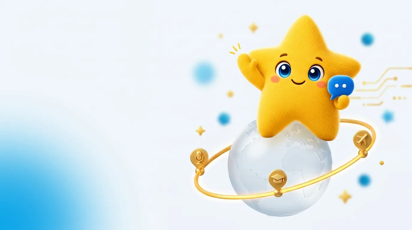 Nova, YNova's star mascot, flying above a glass globe circled by a golden learning path