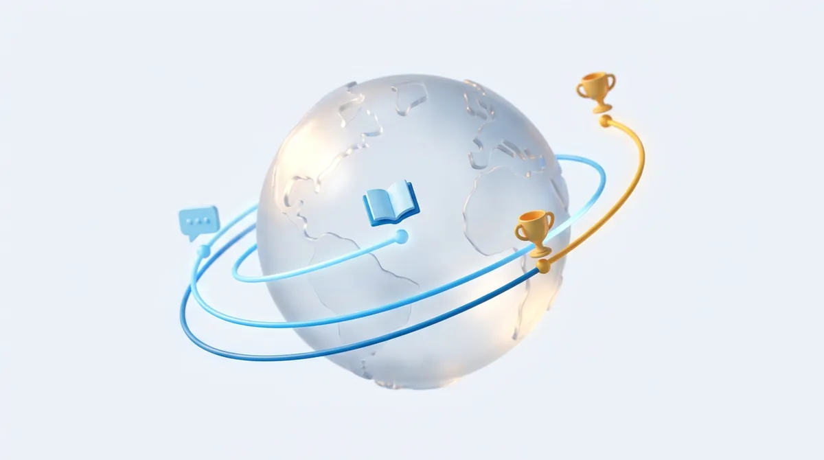 A glass globe wrapped by a golden learning path with milestones for speaking, study, and achievement