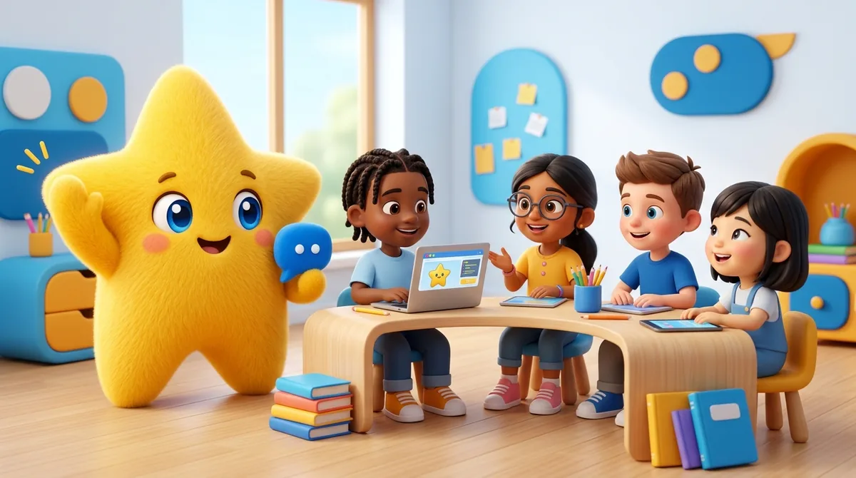 Nova helping a group of students learning together on laptops in a bright classroom