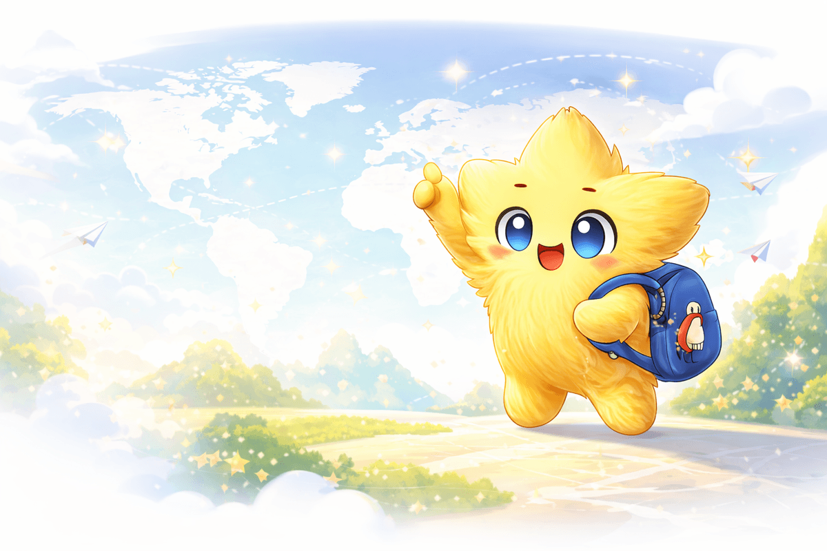 Nova, YNova's friendly star mascot with a backpack, waving in front of a world map