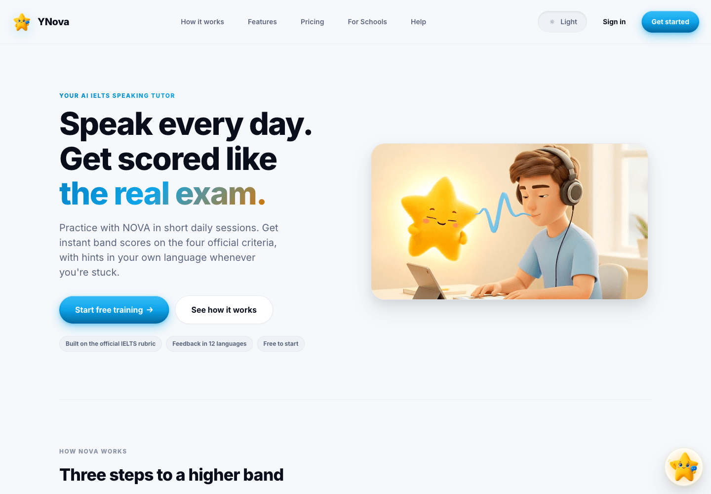 Live YNova IELTS Coach product homepage screenshot