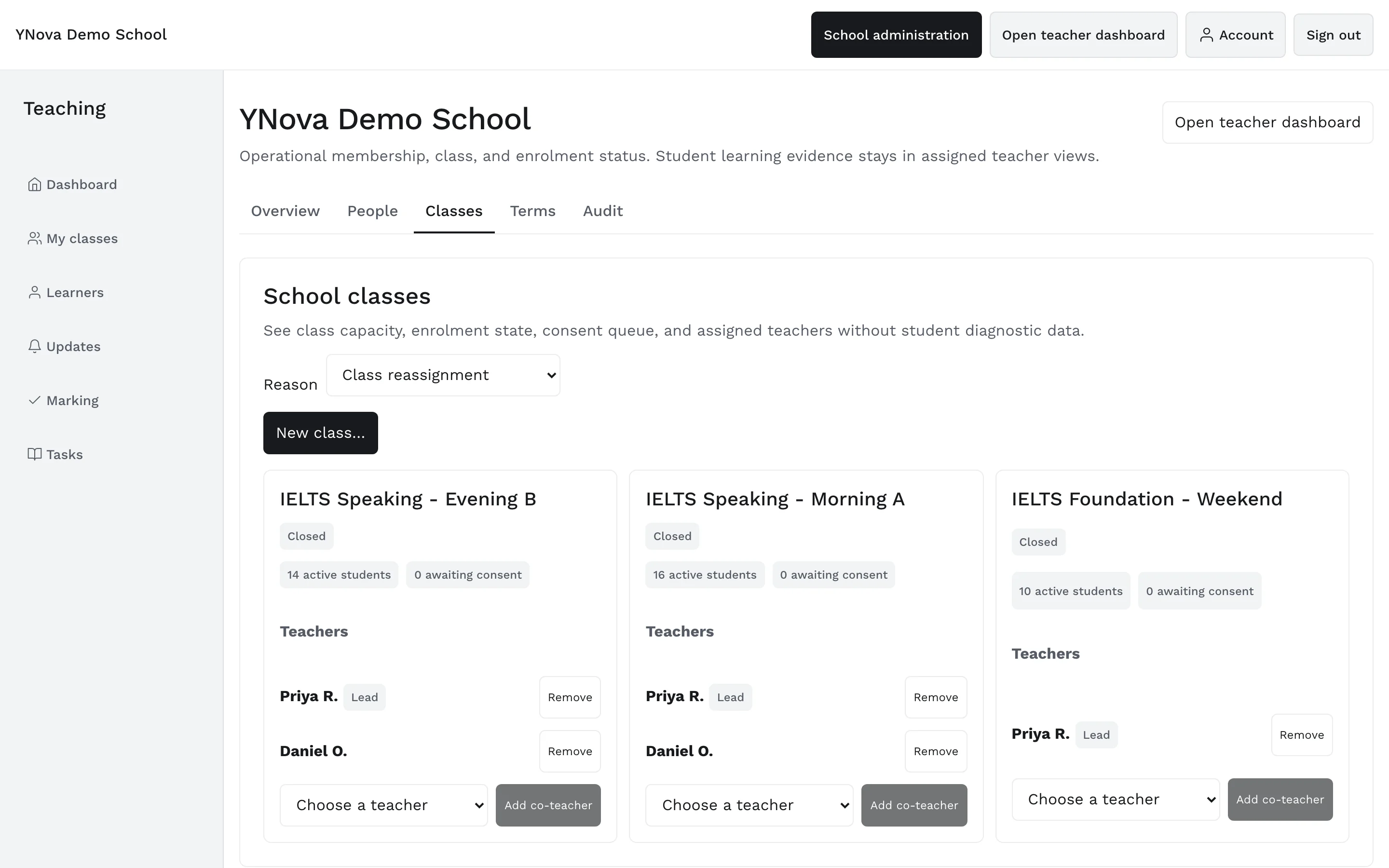 School administration, Classes tab: three classes with their active students, consent queue and assigned teachers.