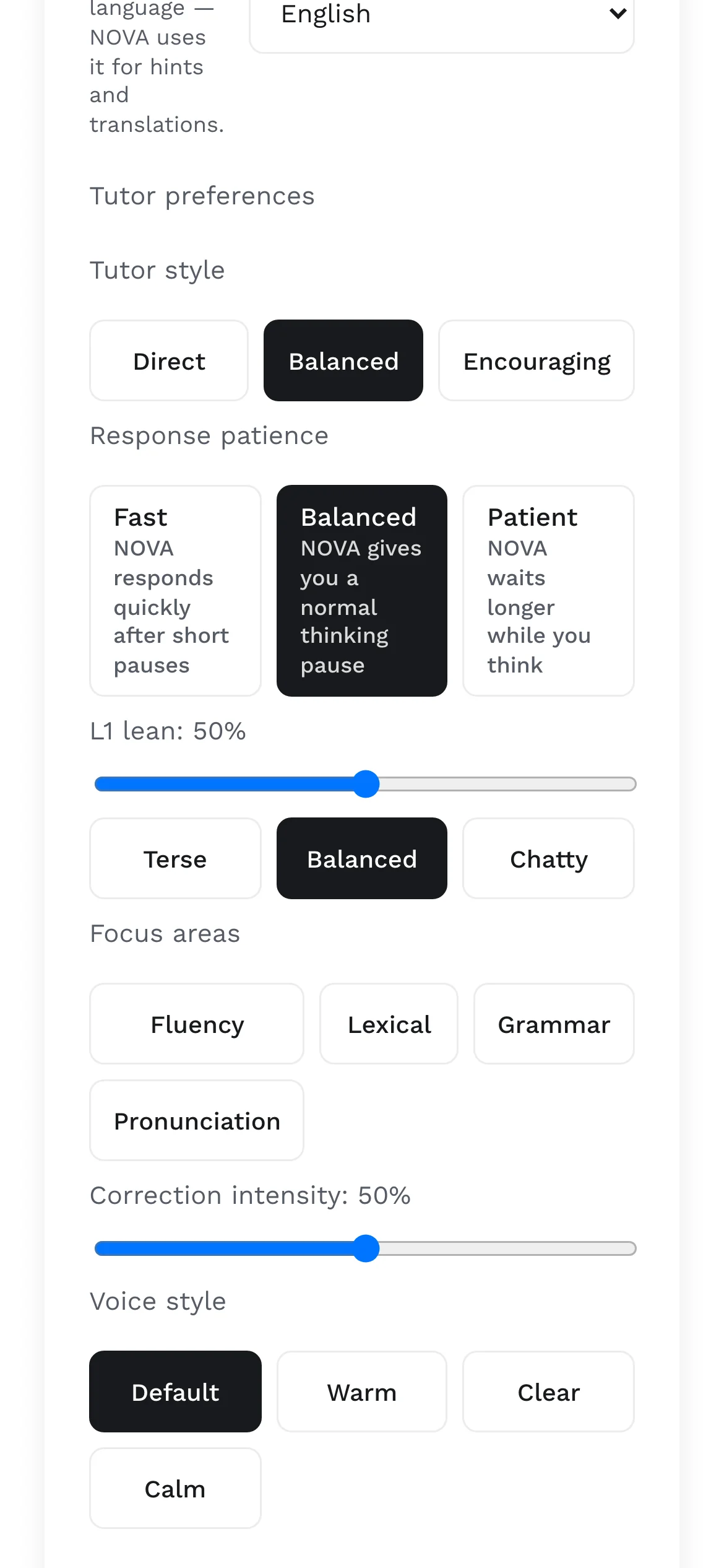 Tutor preferences on a phone: interface language, tutor style, response patience and the L1 lean slider set to 50 percent.