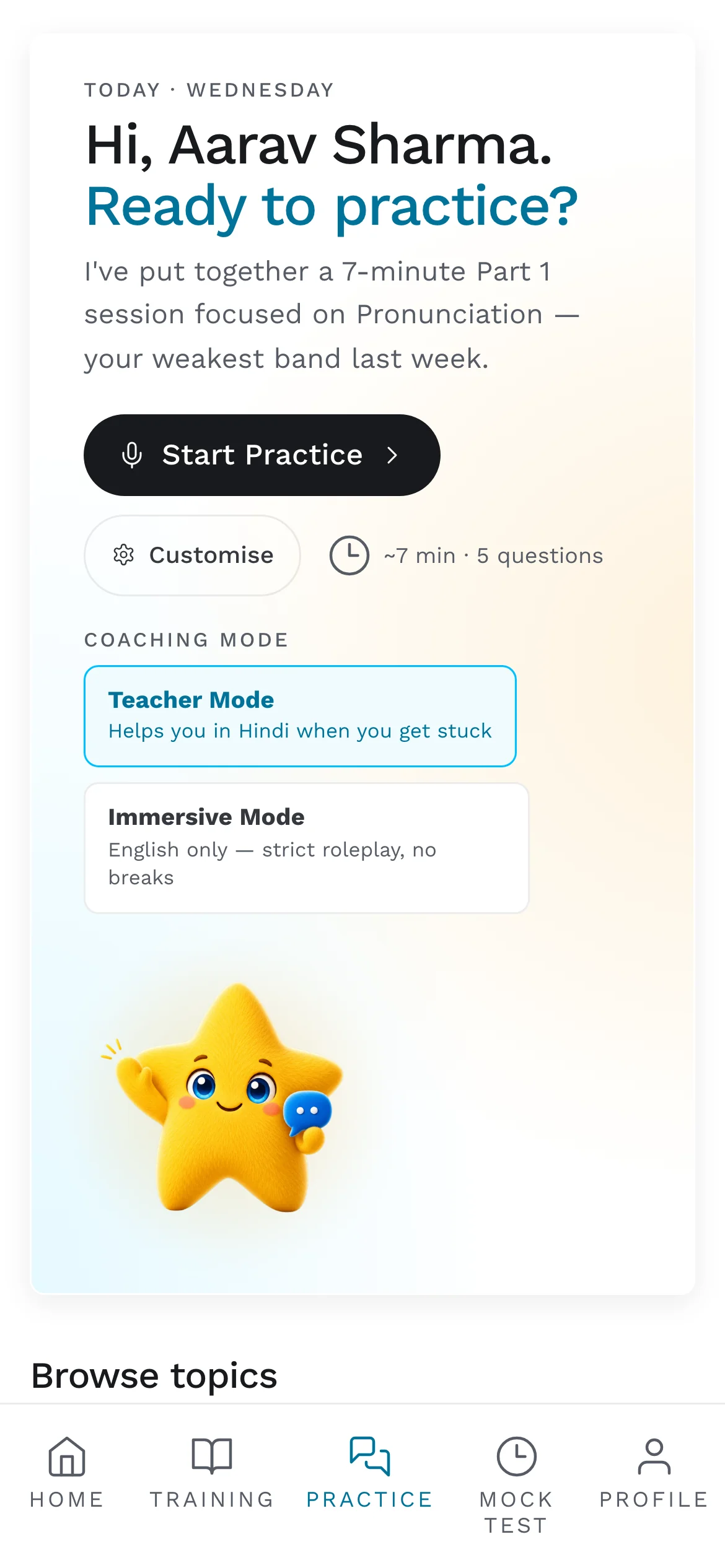 The practice library on a phone with today's Part 1 topic and a Start practice button.