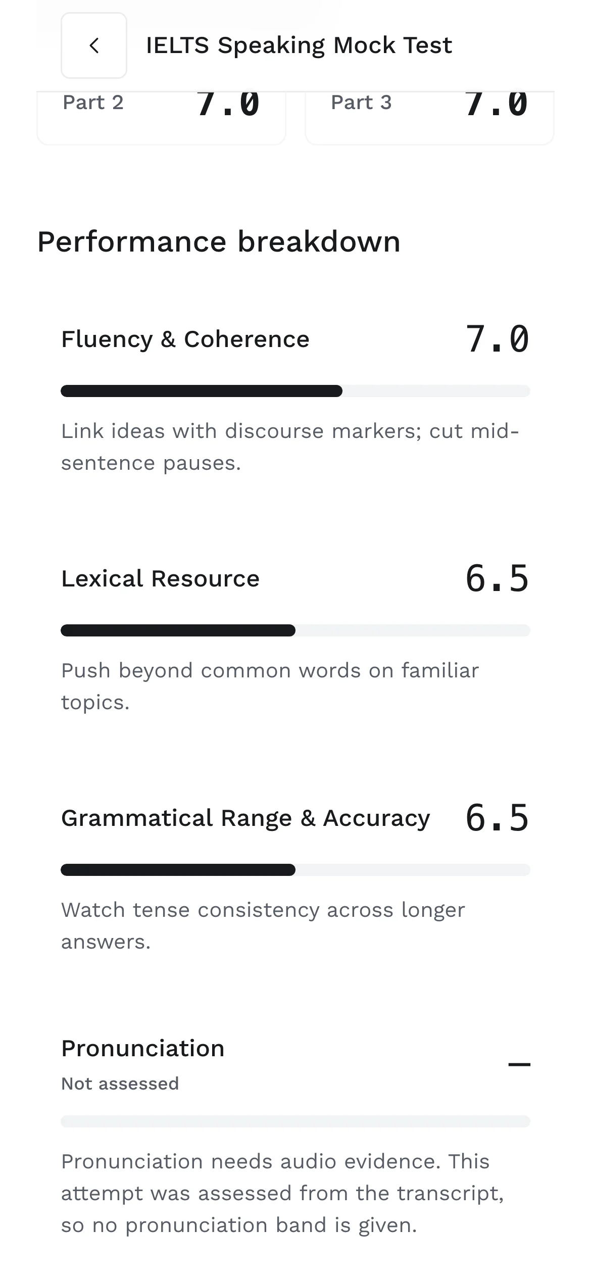The same report on a phone, scrolled to the performance breakdown with the four criteria and their bands.