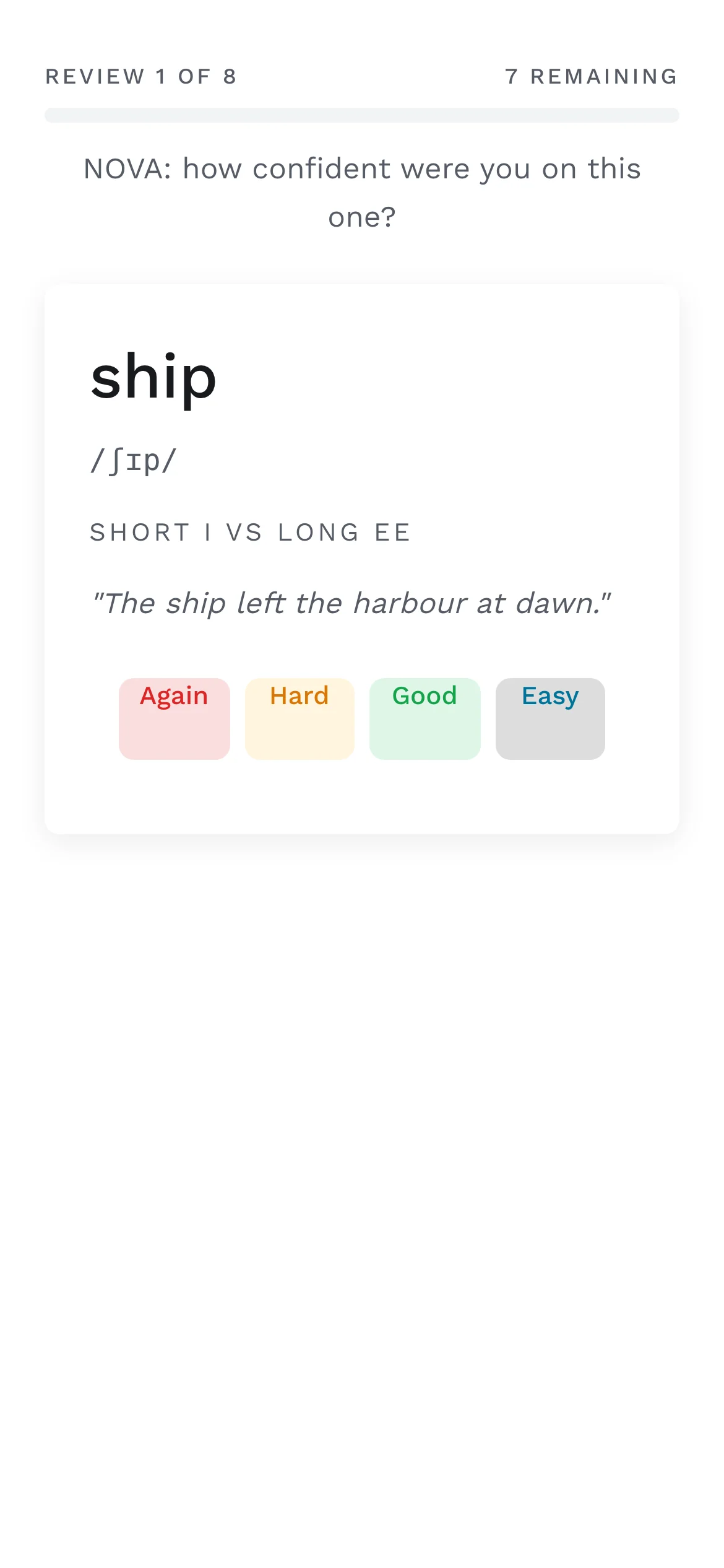 Review screen: a vocabulary card for the word ship with its pronunciation, an example sentence and Again, Hard, Good and Easy buttons.