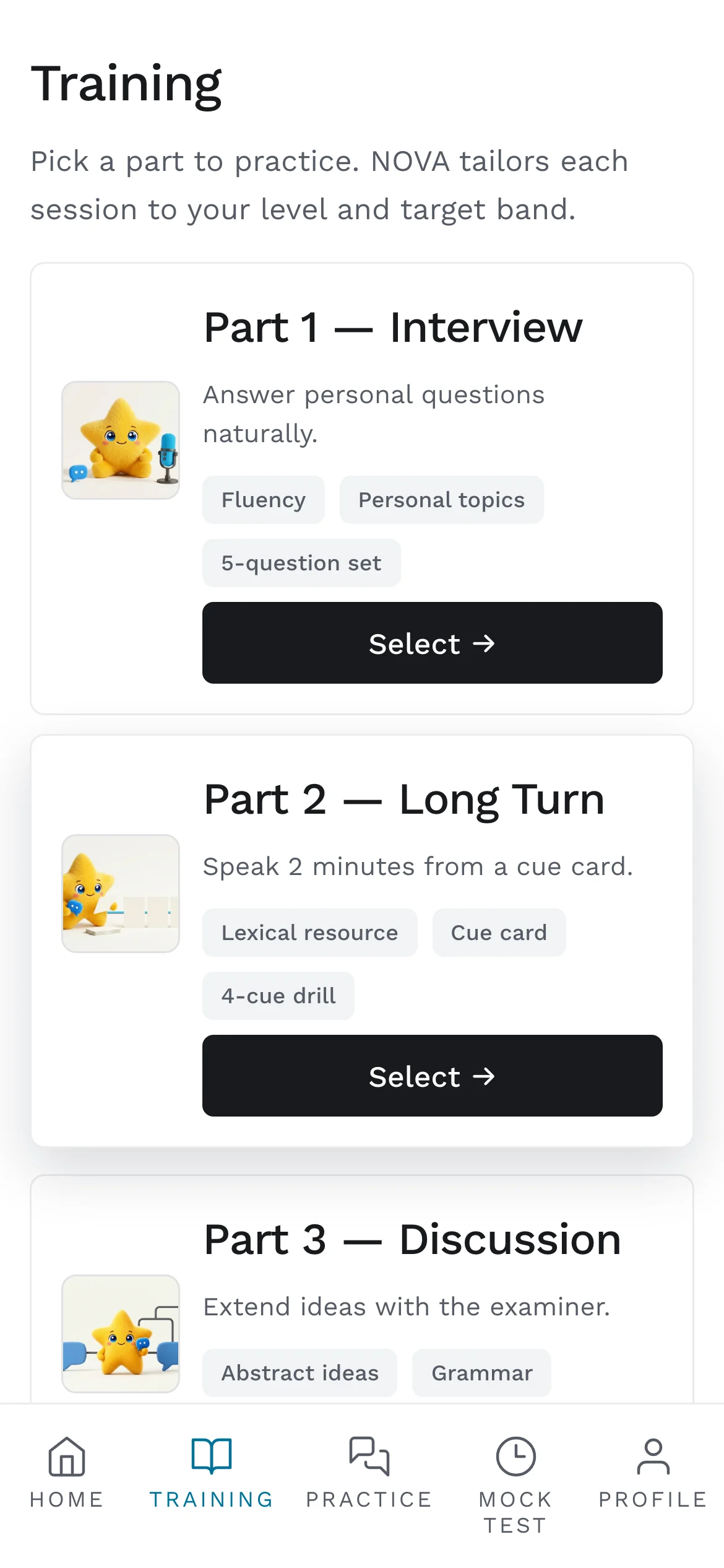 Training home: Part 1 Interview, Part 2 Long Turn and Part 3 Discussion, each with a Select button.