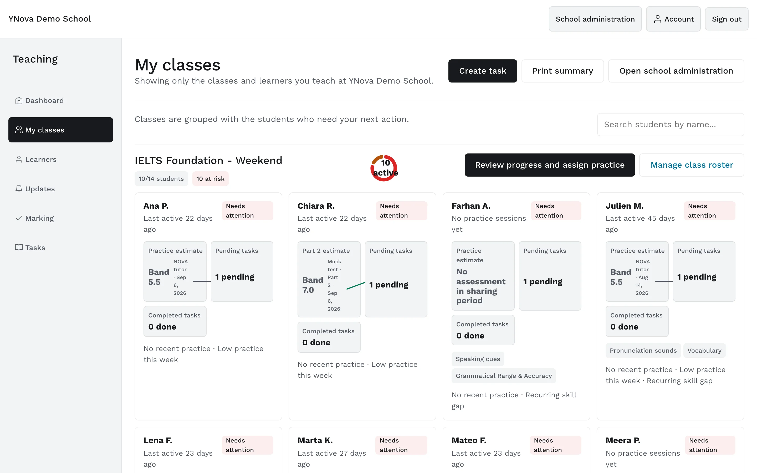 My classes in the teacher portal: three classes grouped by who needs the next action, each learner card showing the latest practice estimate, pending tasks and completed work.