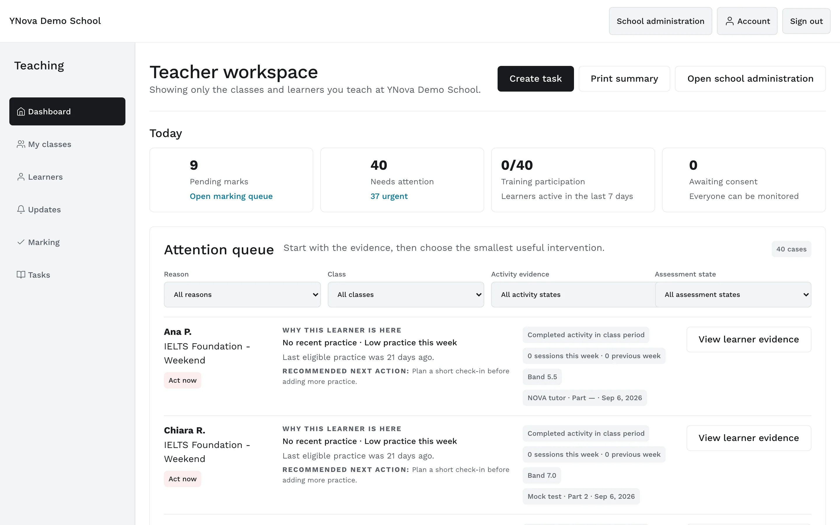 Teacher workspace: four headline counts, then an attention queue of learners, each with the reason they are listed, the class, the activity evidence and a View learner evidence button.