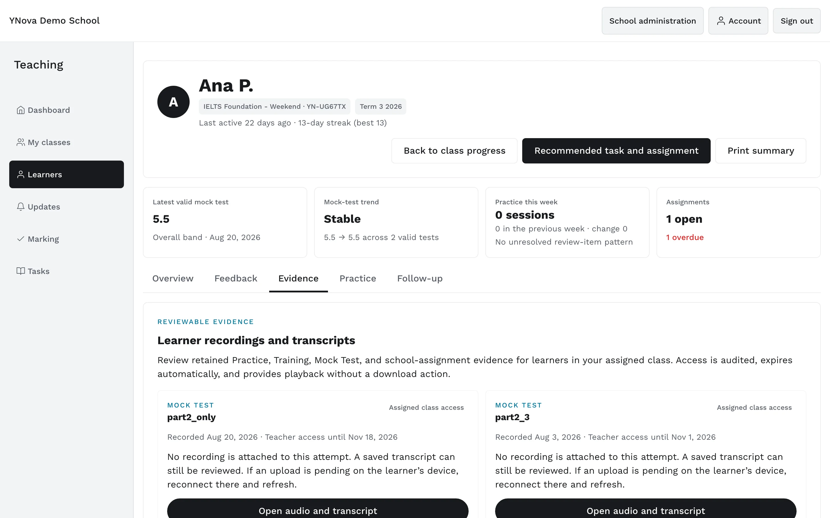 Learner profile, Evidence tab: reviewable mock-test evidence with dates and the note that access is audited and expires.