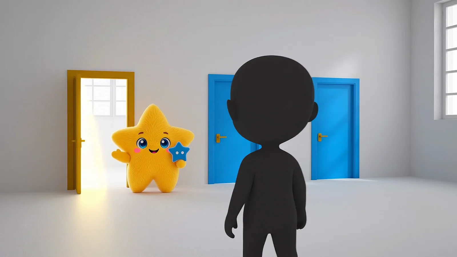 NOVA points a learner, shown as a simple silhouette, toward a glowing gold door while two blue doors wait behind.
