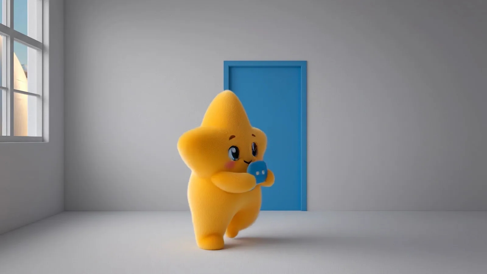 NOVA walks toward a blue door in a bright room, holding a small blue chat bubble.