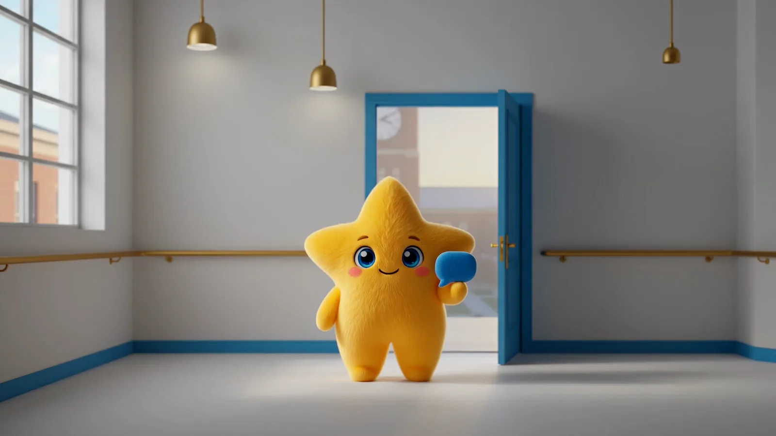 NOVA walks toward an open blue door in a bright room, holding a small blue chat bubble.