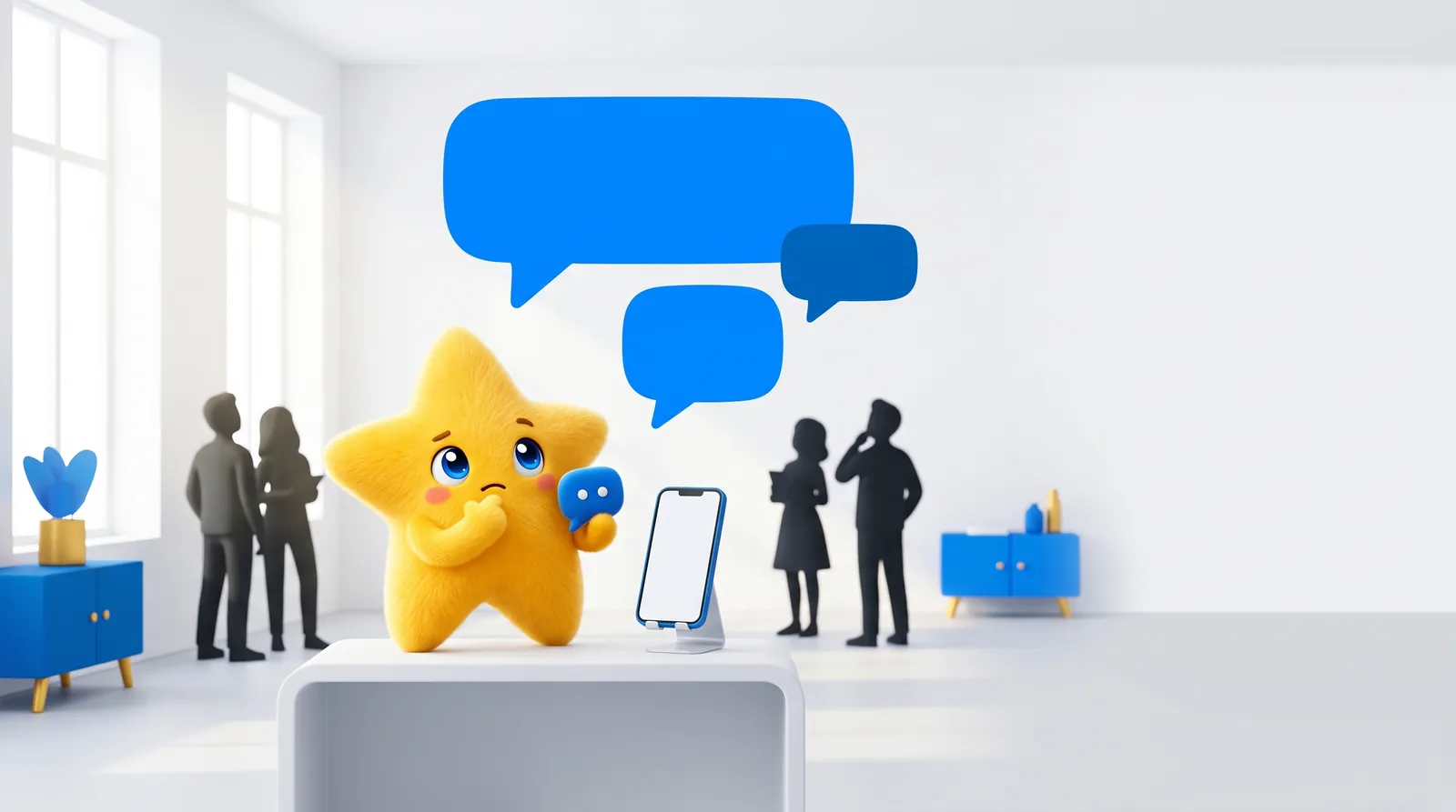 NOVA on a desk beside a phone, one hand to its chin, looking up at three blank blue speech bubbles.