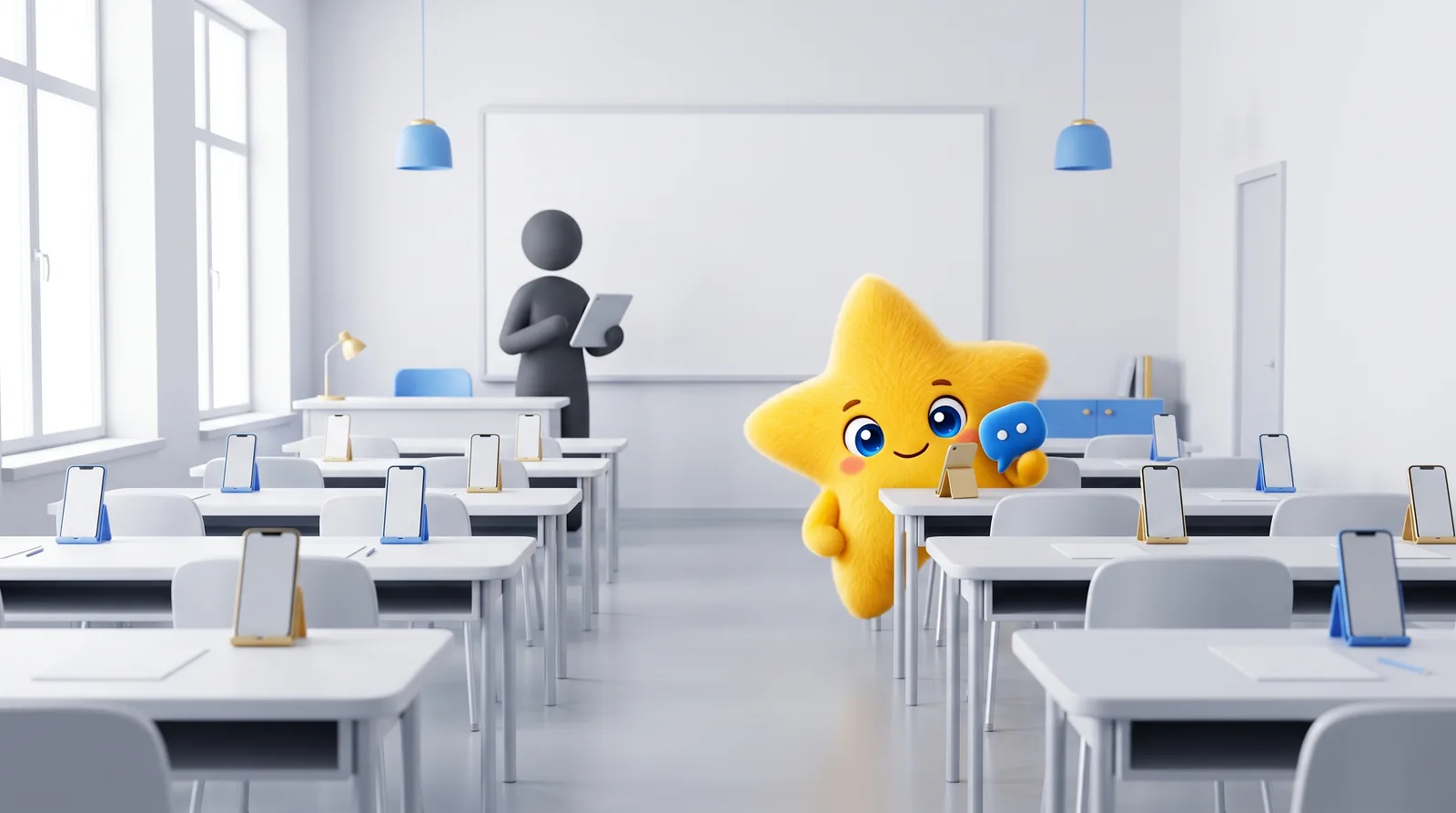 A bright classroom seen from the back, phones propped on each desk, NOVA leaning in beside one learner while a teacher stands at the whiteboard.