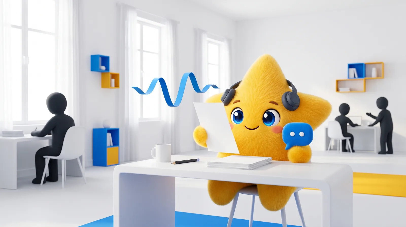 NOVA at a desk in small headphones, holding up a page from a stack of papers while a blue sound wave floats above the desk.