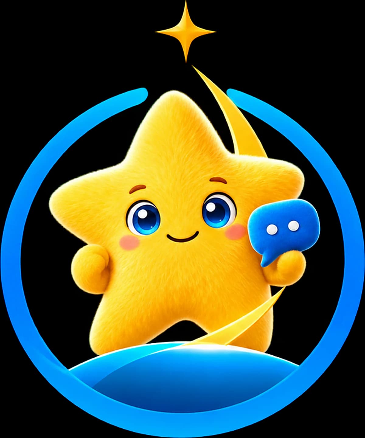 NOVA, YNova's golden star tutor, holding a speech bubble inside a blue ring