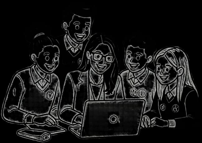 Line drawing of four students and a teacher smiling around a laptop