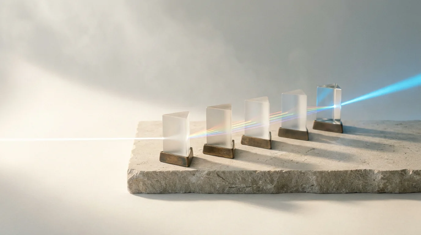 Four glass prisms separate a beam into coloured threads; a fifth gathers the threads into a blue beam.