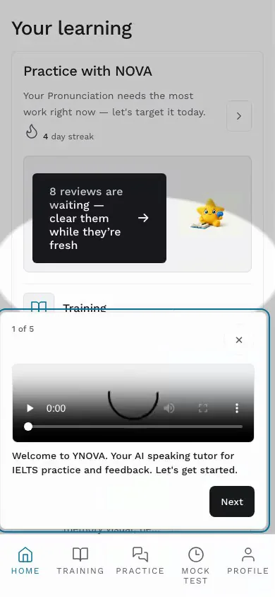 Recording of the app on a phone: the home screen, the practice library, then a training lesson with its cue card.