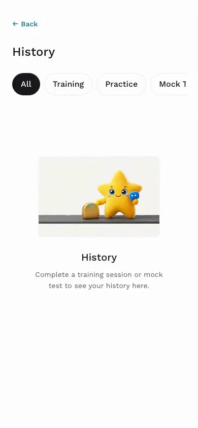 Recording of the app: session history, then a mock-test report scrolled from the overall band to the four criteria.