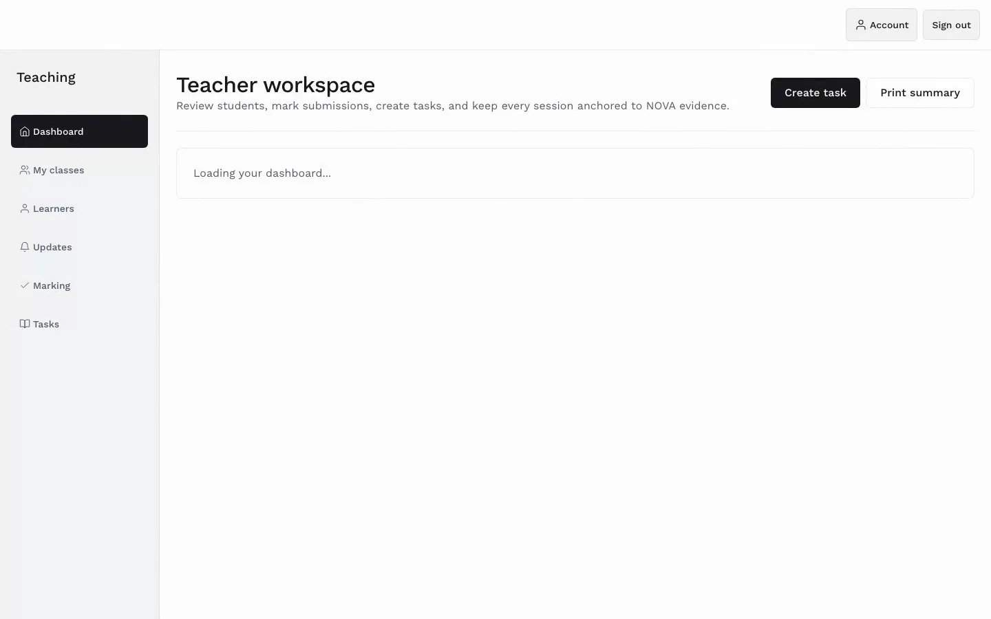 Recording: the teacher dashboard, opening a learner from the queue, the Evidence tab with shared mock-test transcripts, then the marking queue. Nothing is sent.