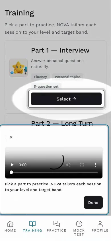Recording: the training home, then a Part 2 lesson opening at stage S1 with its progress bar and cue card.